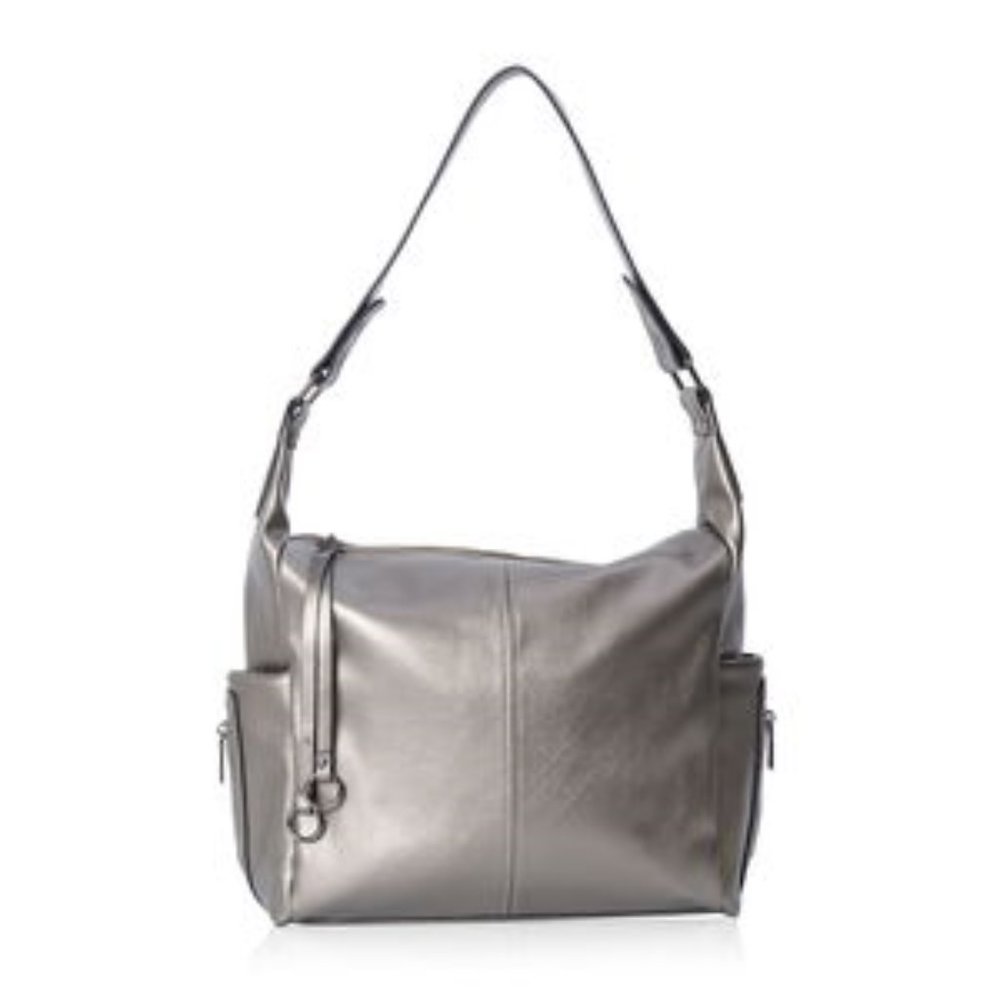 Hobo style bag in pewter metalic faux leather.
